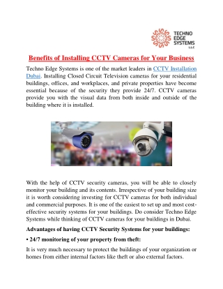 What are the Benefits of Installing CCTV Cameras for your Business?