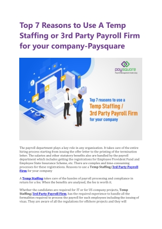 Top 7 Reasons to Use A Temp Staffing or 3rd Party Payroll Firm for your company