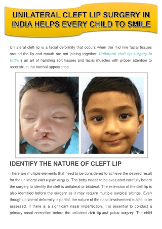 Unilateral Cleft lip surgery in India helps every child to smile