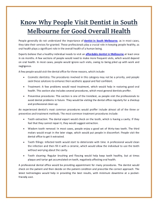 Know Why People Visit Dentist in South Melbourne for Good Overall Health