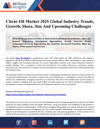 Citrus Oil Market 2025 Global Size, Share, Trends, Type, Application