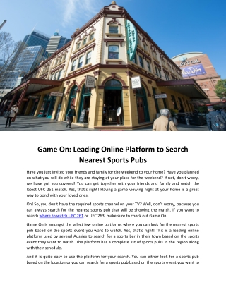 Game On Leading Online Platform to Search Nearest Sports Pubs