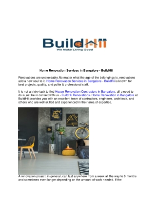 Home Renovation Services in Bangalore - BuildHii