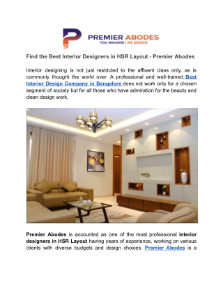 Find the Best Interior Designers in HSR Layout - Premier Abodes