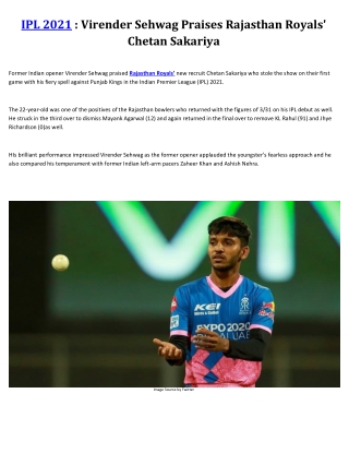 Virender Sehwag Praises Rajasthan Royals' Chetan Sakariya