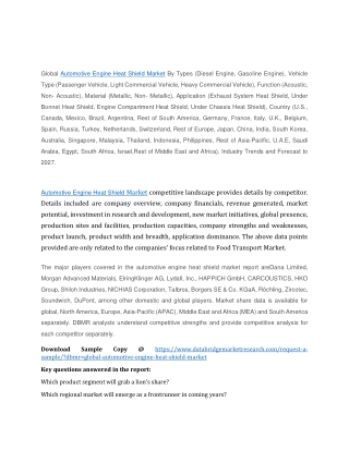 Automotive Engine Heat Shield Market Demands, Analysis, Size, Trends, Revenue by