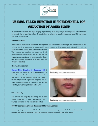 Dermal Filler Injection in Richmond Hill for Reduction of Aging Signs