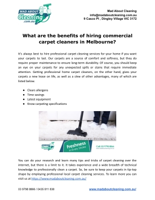 What are the benefits of hiring commercial carpet cleaners in Melbourne?