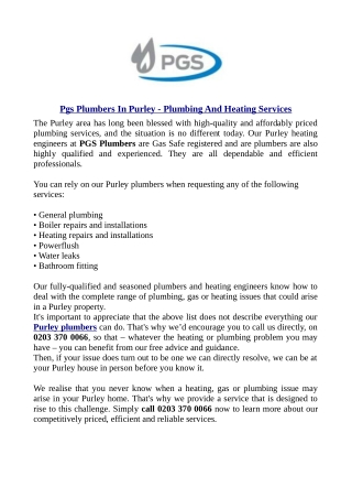 Pgs Plumbers In Purley - Plumbing And Heating Services