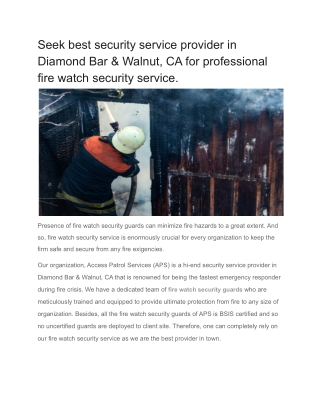 Seek best security service provider in Diamond Bar & Walnut, CA for professional fire watch security service