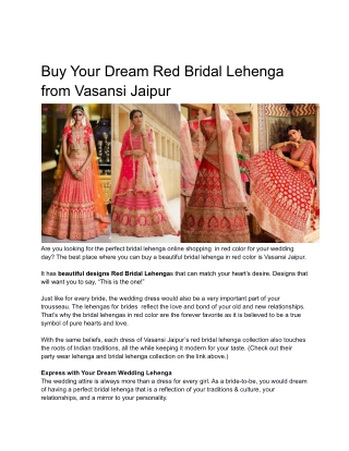 Buy Your Dream Red Bridal Lehenga from Vasansi Jaipur
