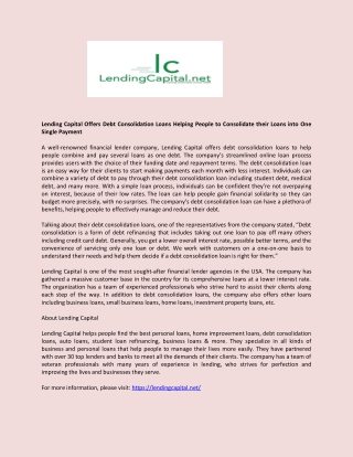 Lending Capital Offers Debt Consolidation Loans Helping People to Consolidate their Loans into One Single Payment