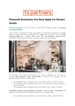 Plymouth Businesses Can Now Apply For Restart Grants