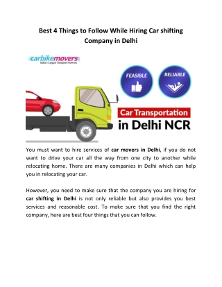 Best 4 Things to Follow While Hiring Car shifting Company in Delhi 6th N...