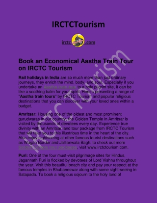 Book an Economical Aastha Train Tour  on IRCTC Tourism