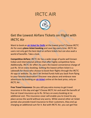Get the Lowest Airfare Tickets on Flight with  IRCTC Air