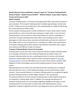 Transport Ticketing Market Emerging Technologies by Forecast to 2027