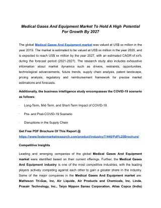 Medical Gases And Equipment Market Set For Rapid Growth And Trend By 2027