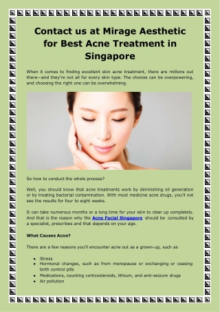 Contact us at Mirage Aesthetic for Best Acne Treatment in Singapore