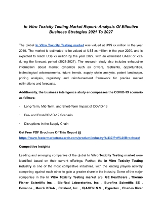 In Vitro Toxicity Testing Market 2021 Incredible Potential, Stagnant Progress