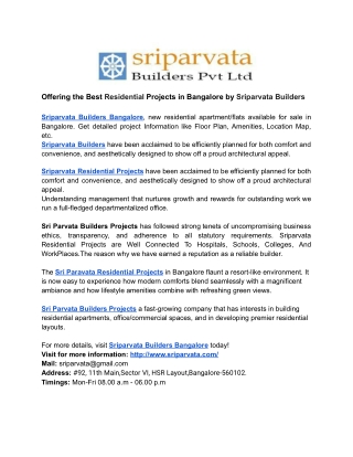 Offering the Best Residential Projects in Bangalore by Sriparvata Builders