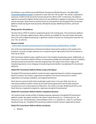 GLOBAL OTA TRANSMISSION PLATFORM MARKET TO REACH US$ 132.7 MN BY 2027