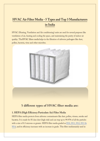 Different Types of HVAC Air Filter Media. What are some top manufacturers of HAVC filter mdia in India