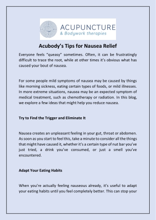 Acubody’s Tips for Nausea Relief