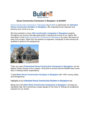 House Construction Contractors in Bangalore  by BuildHii