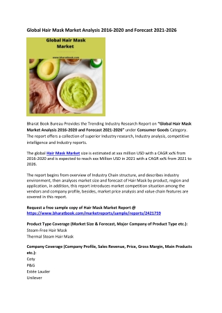 Global Hair Mask Market Analysis 2016-2020 and Forecast 2021-2026