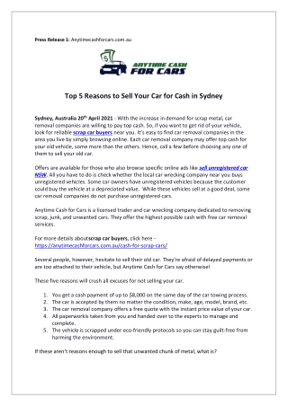 Top 5 Reasons To Sell Your Car For Cash In Sydney