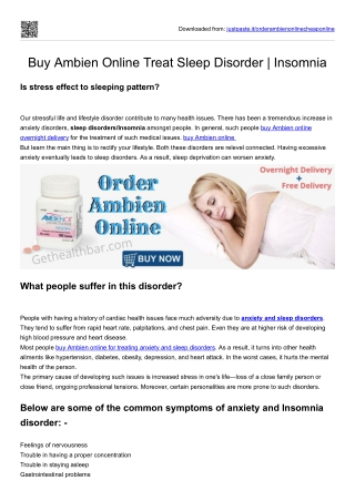 Buy Ambien Online Treat Sleep Disorder  Insomnia