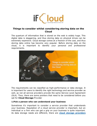 Things to consider whilst considering storing data on the Cloud