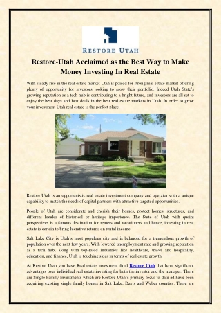 Restore-Utah Acclaimed as the Best Way to Make Money Investing In Real Estate