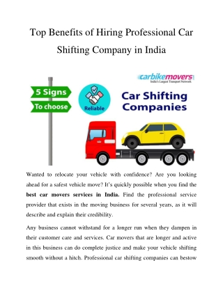 Benefits of Hiring Professional Car Shifting Company in India