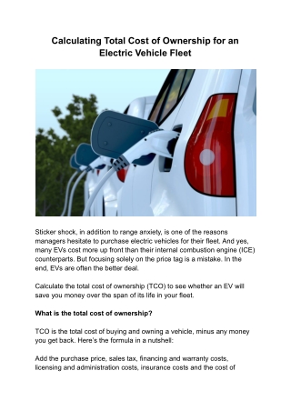 Calculating Total Cost of Ownership for an Electric Vehicle Fleet