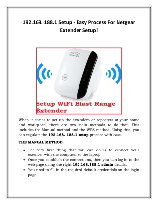 192.168. 188.1 Setup - Easy Process For Netgear Extender Setup!