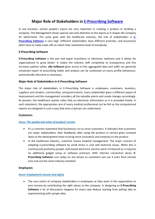 Major Role of Stakeholders in E Prescribing Software