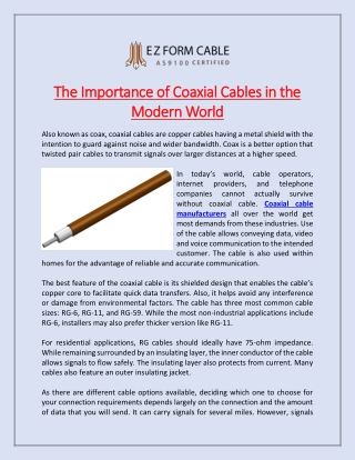 The Importance of Coaxial Cables in the Modern World