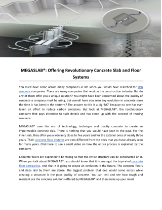 MEGASLAB- Offering Revolutionary Concrete Slab and Floor Systems