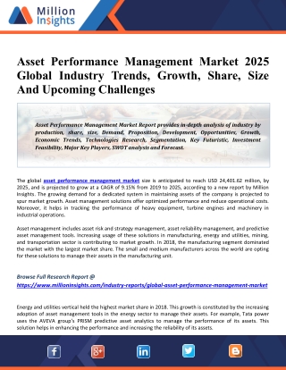 Asset Performance Management Market: Rising Demand, Future Scope, Market Status