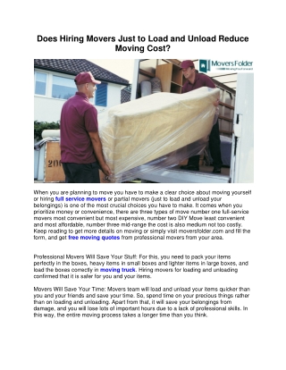 Does Hiring Movers Just to Load and Unload Reduce Moving Cost