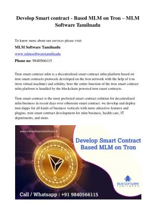 Develop Smart contract - Based MLM on Tron – MLM Software Tamilnadu