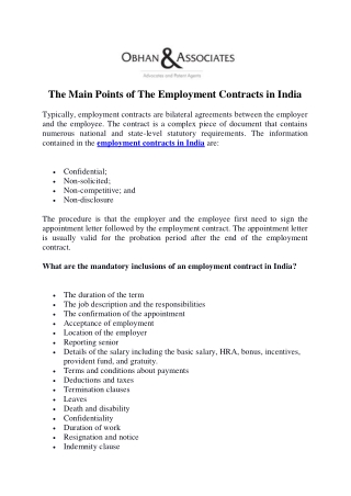 The Main Points of The Employment Contracts in India