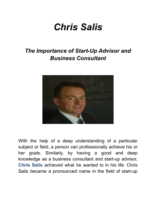Chris Salis-The Importance of Start-Up Advisor and Business Consultant