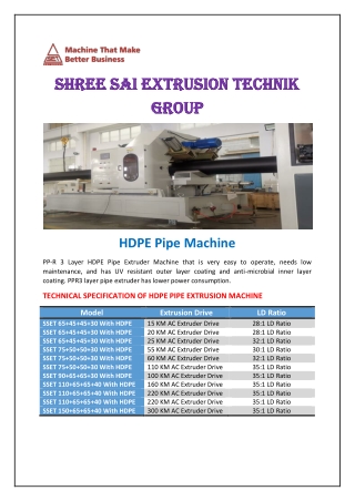Top HDPE Pipe Extruder Manufacturer in Indore, Sai Extrusion Technik Group