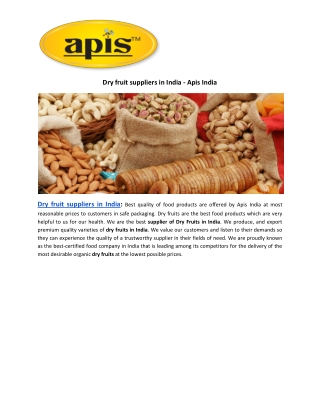 Dry fruit suppliers in India - Apis India
