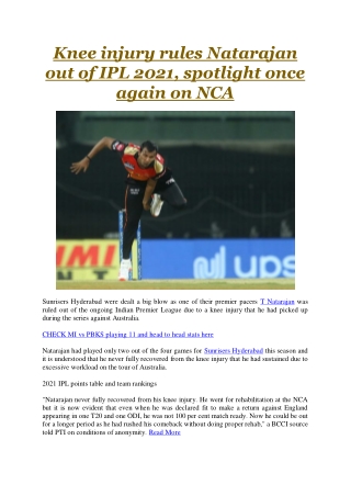 Knee injury rules Natarajan out of IPL 2021, spotlight once again on NCA