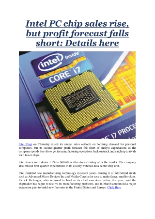 Intel PC chip sales rise, but profit forecast falls short Details here