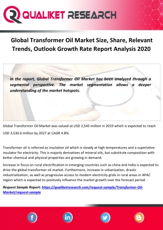 Global Transformer Oil Market Size, Share, Relevant Trends, Outlook Growth Rate Report Analysis 2020